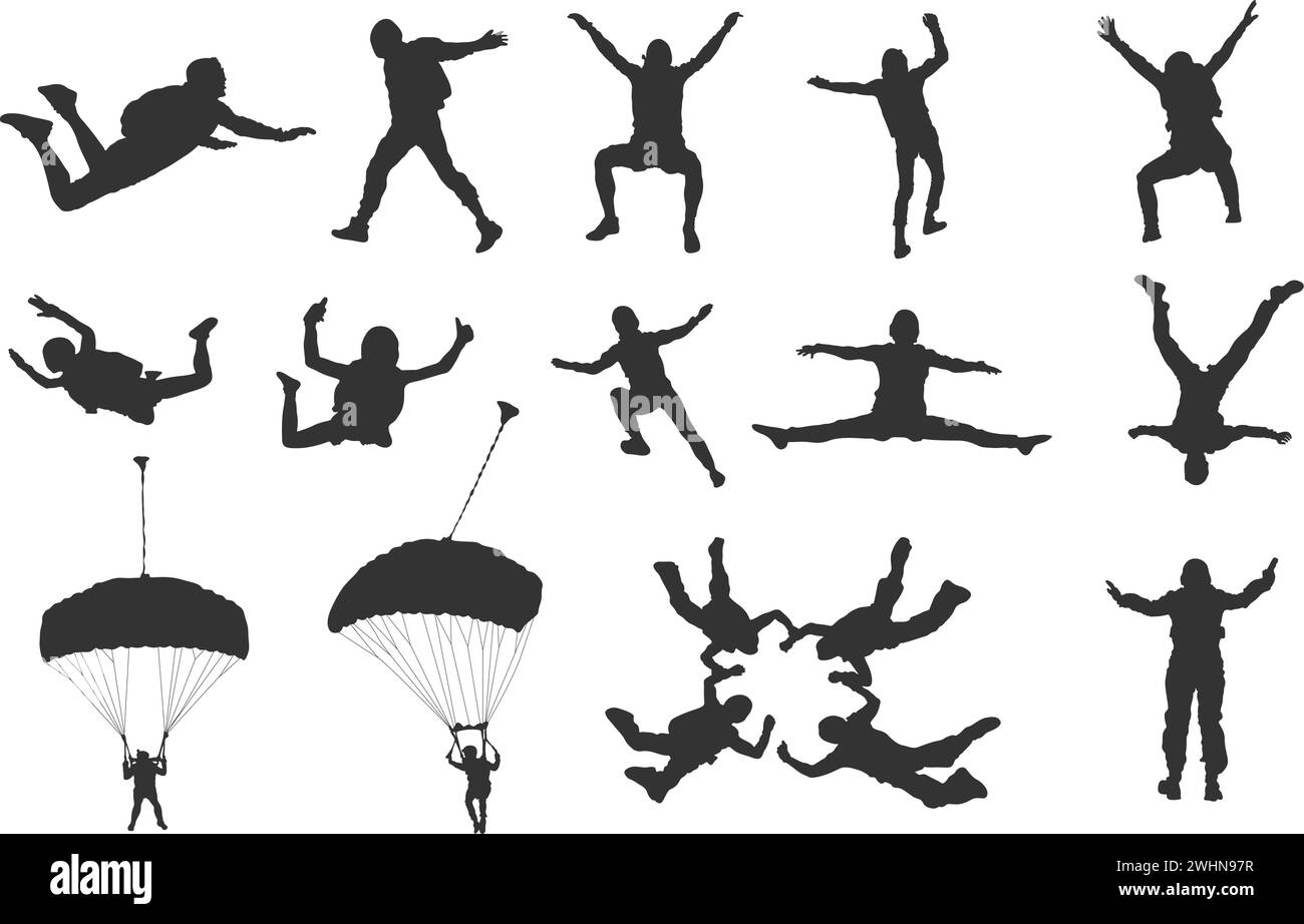 Skydiving silhouettes, Falling skydiver silhouette, Skydiver silhouette, Parachute skydiving silhouette, Skydiving clipart Stock Vector