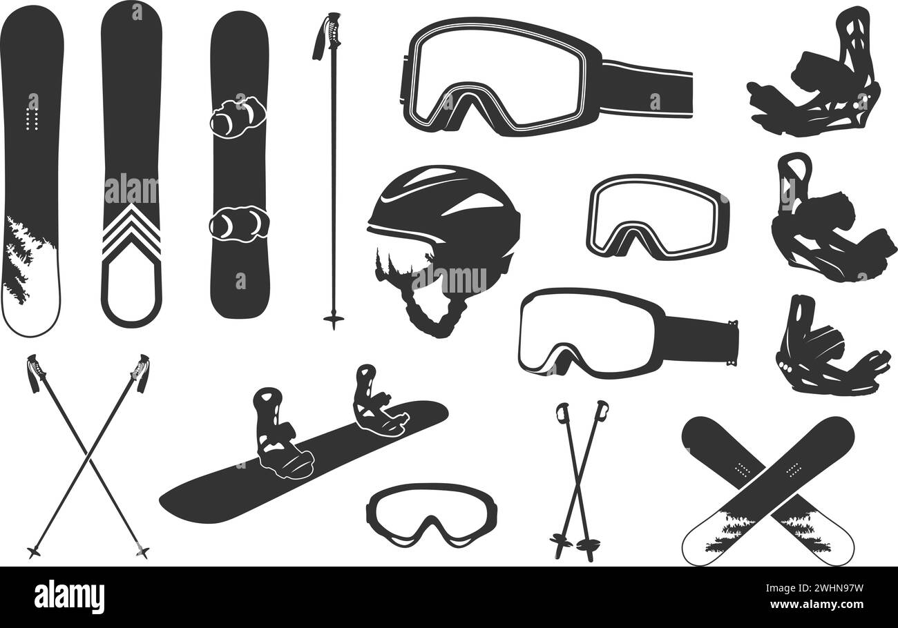 Snowboarding elements silhouette, Snowboarding elements, Snowboard silhouette, Snowboarding equipment vector set Stock Vector