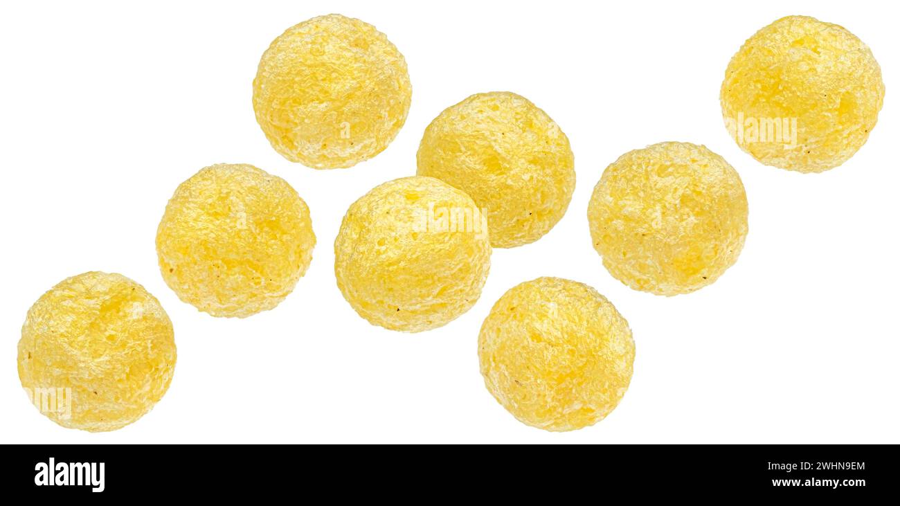 Falling corn balls isolated on white background with clipping path Stock Photo