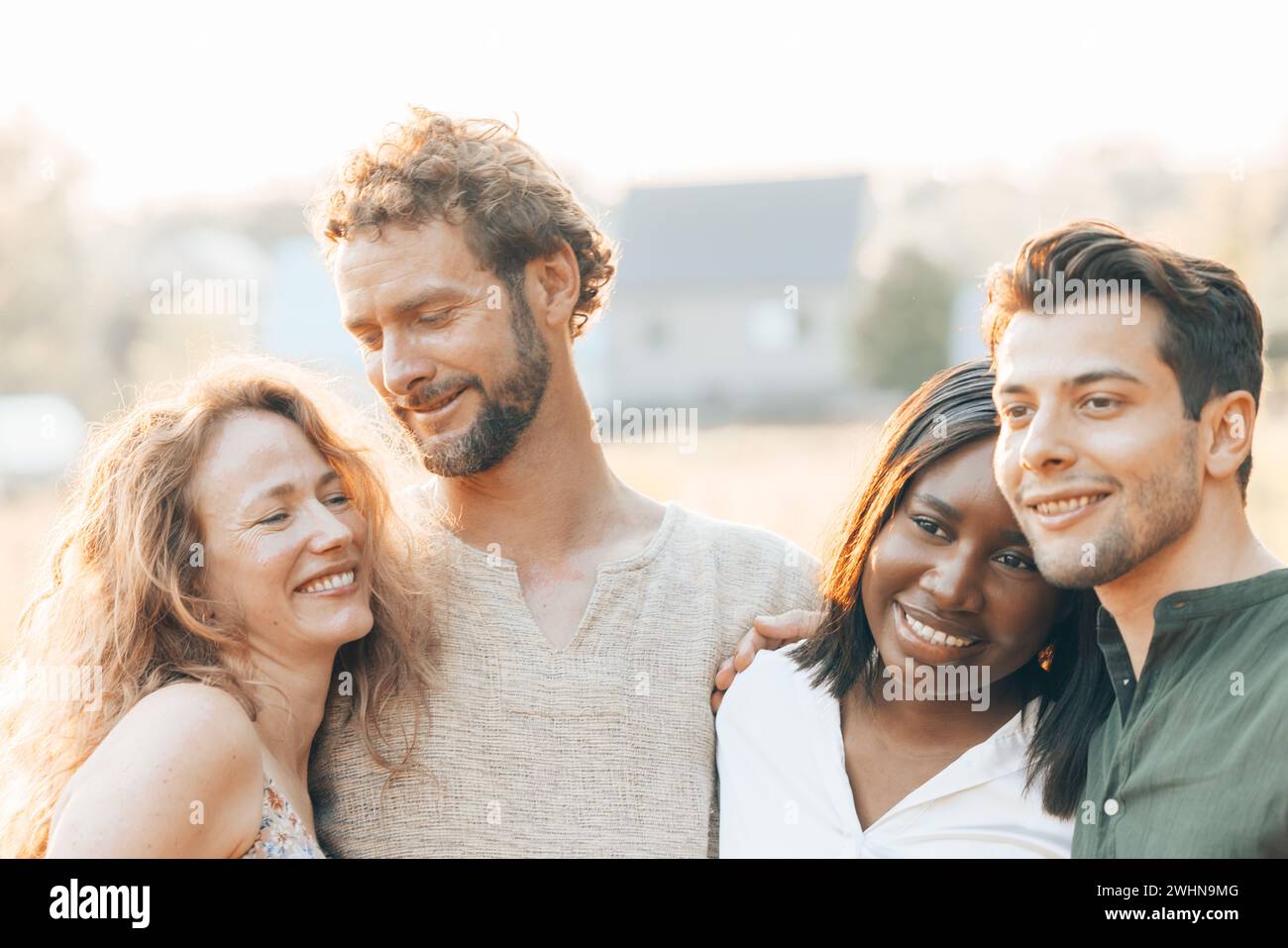Nature's Love Gathering: Multi-Ethnic Millennial Friendships Stock Photo