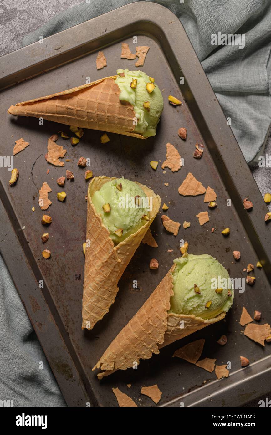 Pistachio ice cream in waffle cones Stock Photo - Alamy