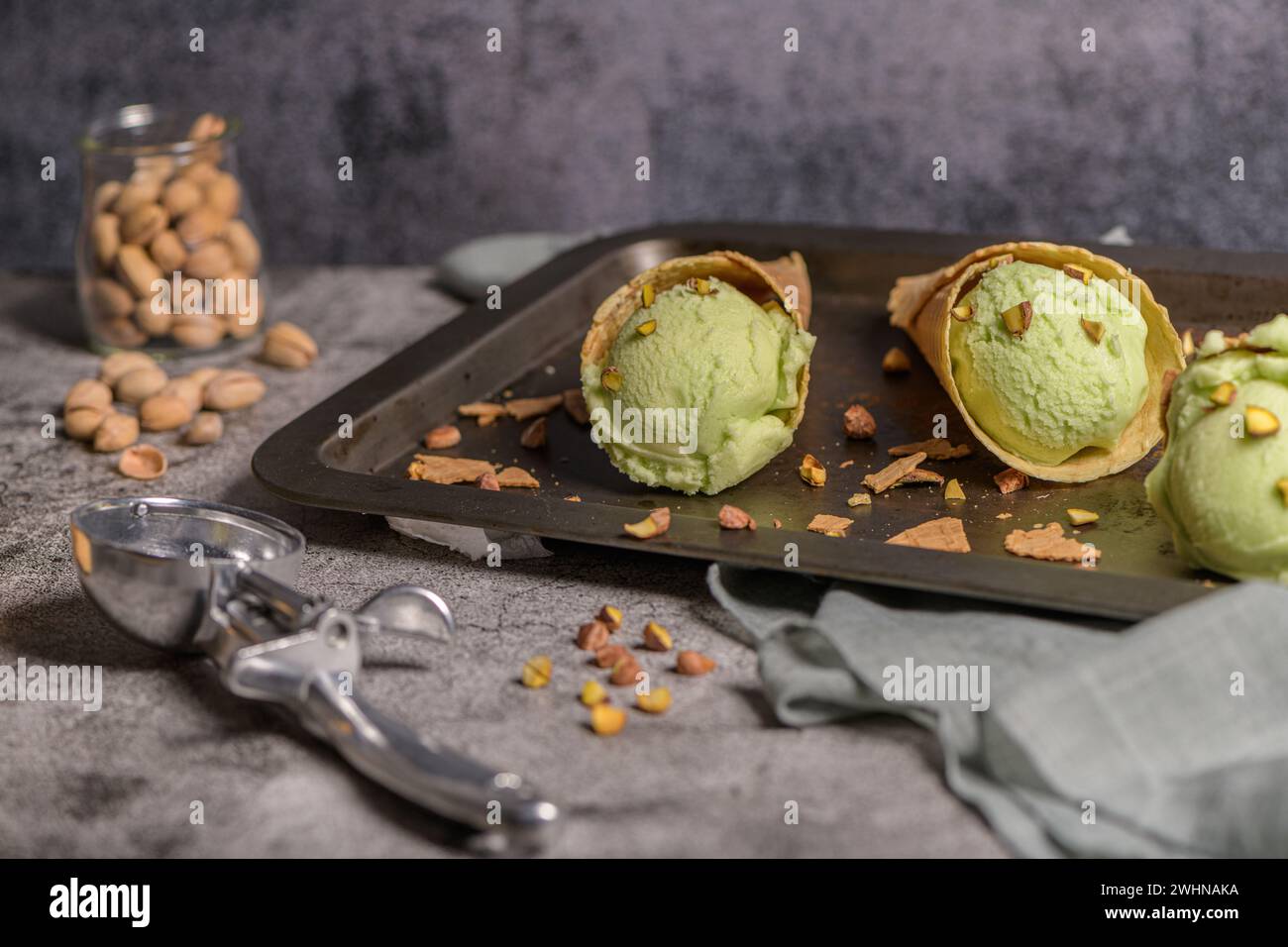 Pistachio ice cream in waffle cones Stock Photo - Alamy