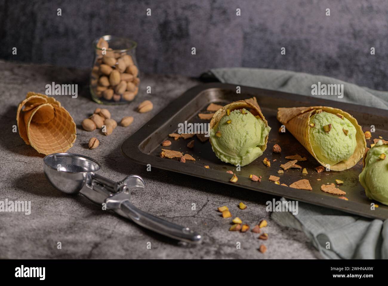 Pistachio ice cream in waffle cones Stock Photo - Alamy