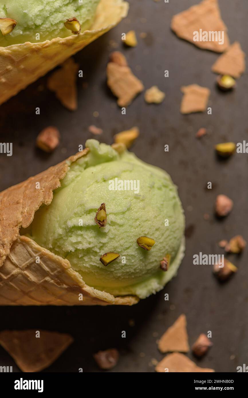 Pistachio ice cream in waffle cones Stock Photo - Alamy