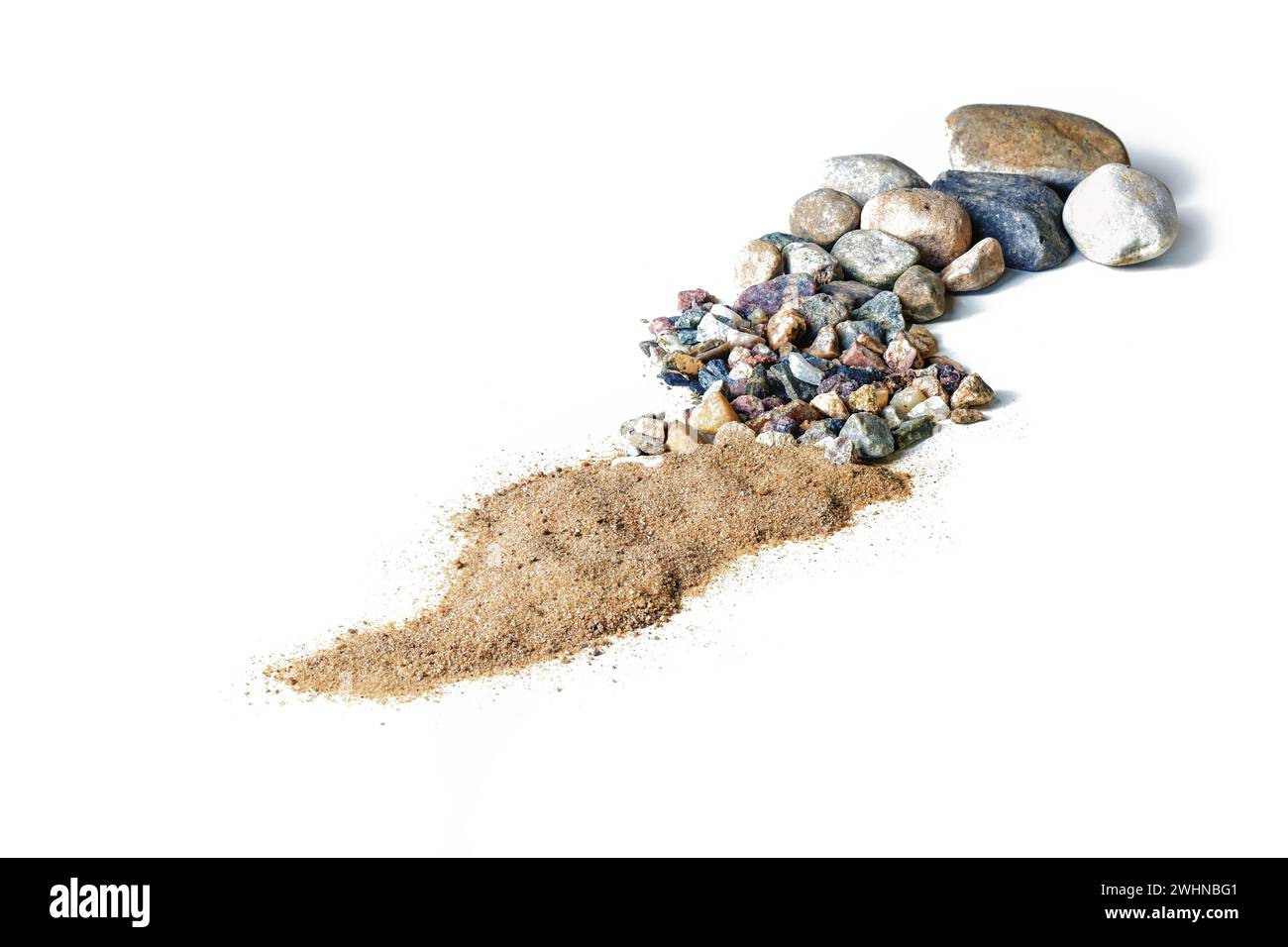 Life path metaphor with stones, pebbles, gravel and sand on a white background, symbol for a universal resume to represent the j Stock Photo