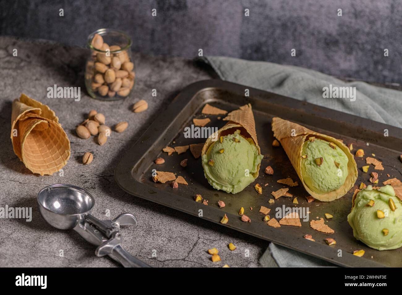 Pistachio ice cream in waffle cones Stock Photo - Alamy