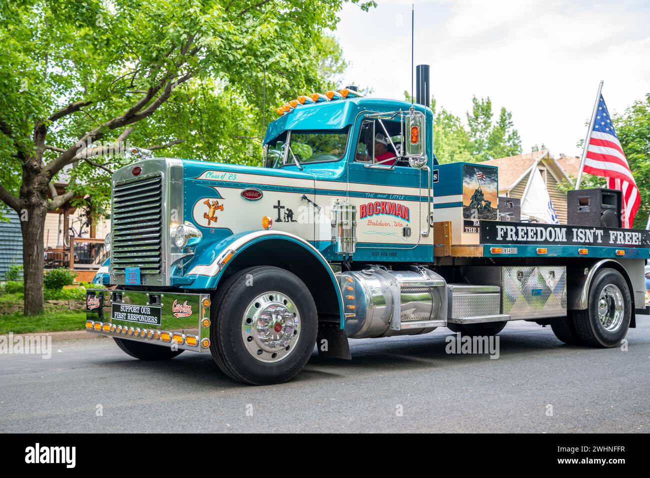 A large vehicle in an on going parade in Baldwin, Wisconsin Stock Photo