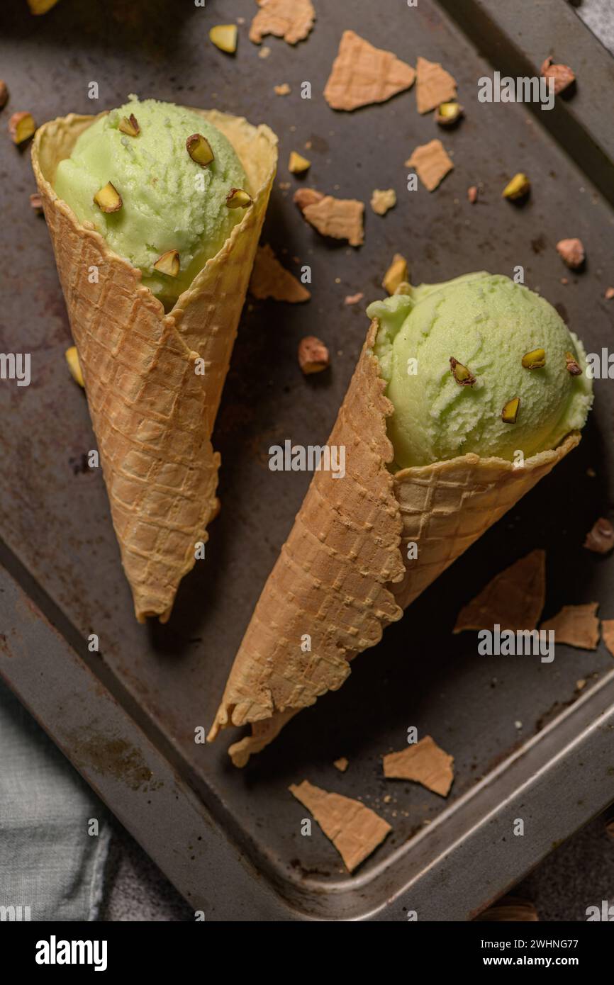 Pistachio ice cream in waffle cones Stock Photo - Alamy
