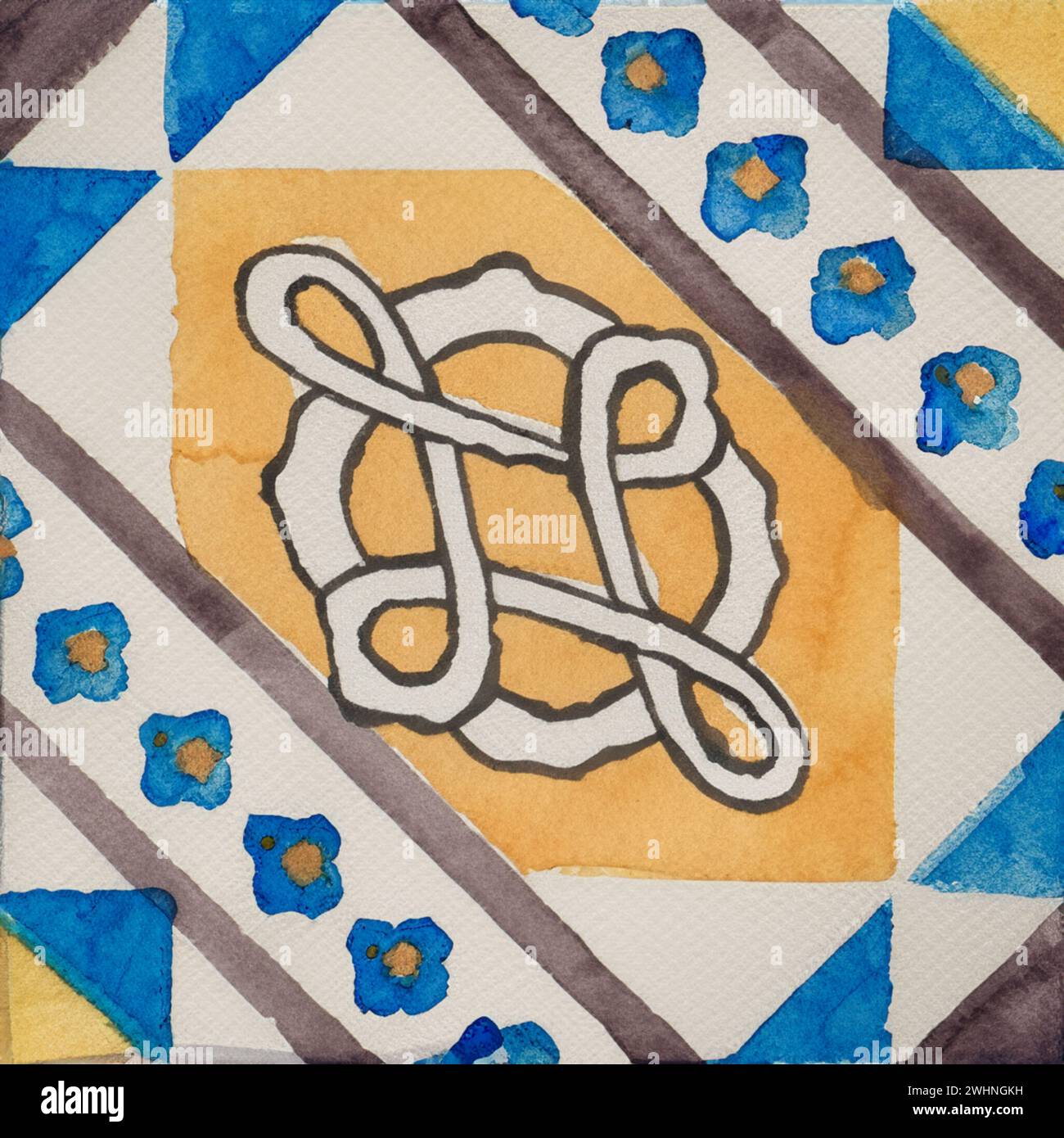 Watercolor illustration of portuguese ceramic tiles pattern Stock Photo