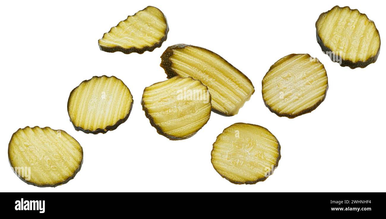 Pickled and marinated zucchini slices isolated on white background Stock Photo