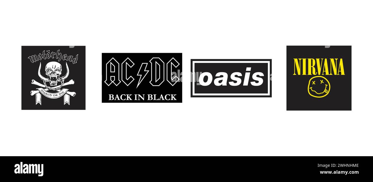 Nirvana, Motorhead, Oasis, AC DC black. Vector illustration, editorial logo. Stock Vector