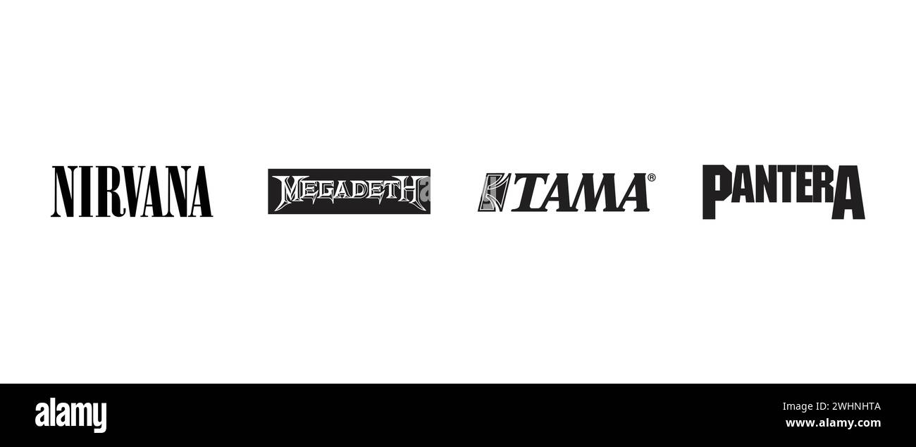 Pantera, Megadeth, Tama, Nirvana. Vector illustration, editorial logo. Stock Vector