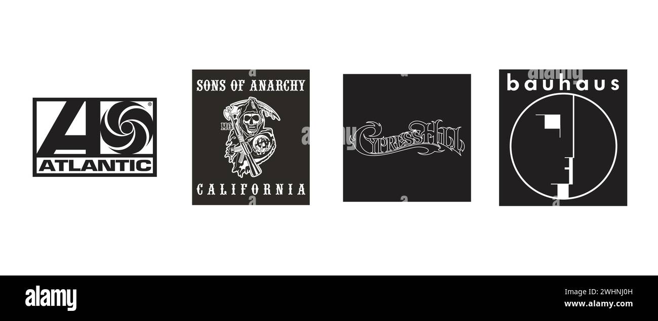 Atlantic Records, Bauhaus, Sons of Anarchy, Cypress Hill. Vector illustration, editorial logo. Stock Vector