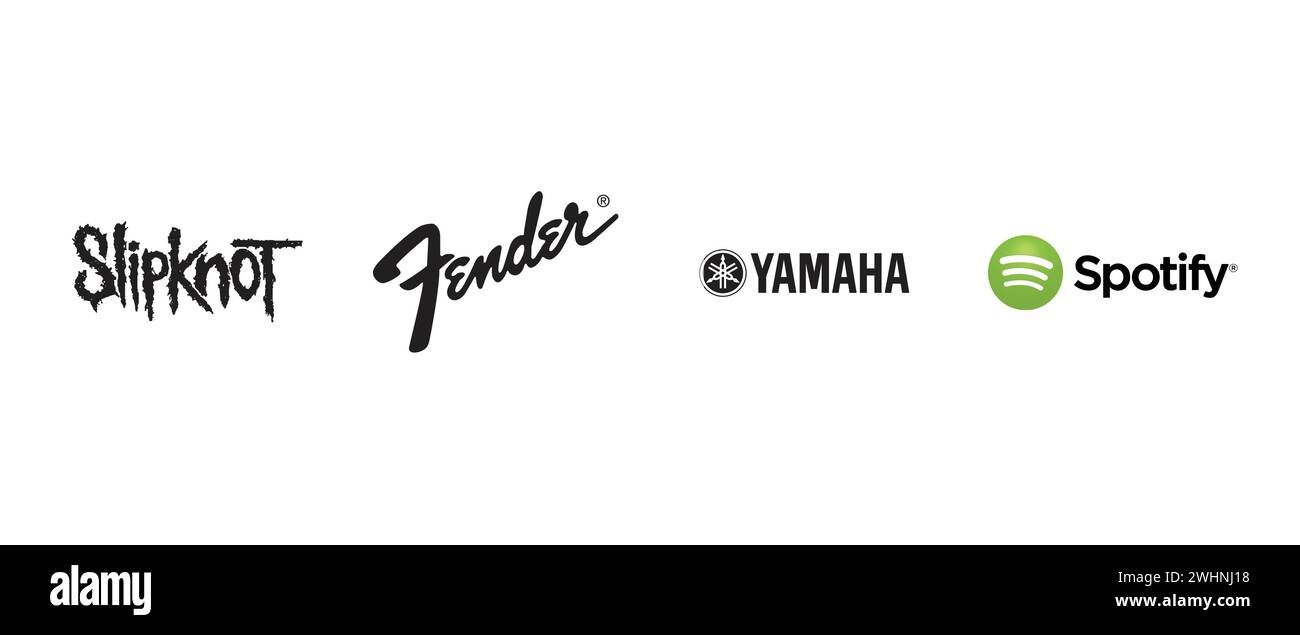 Fender, Spotify, Slipknot, Yamaha. Vector illustration, editorial logo. Stock Vector