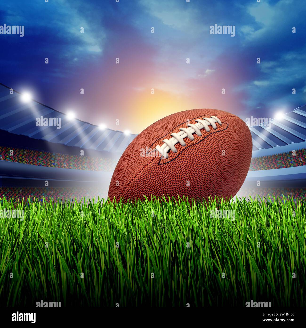 Football game day stadium ball and sports field with fans and crowd as