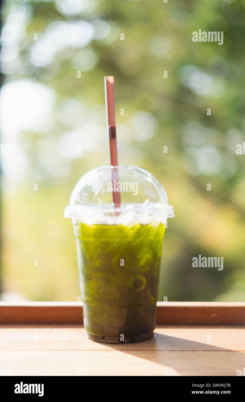 Fresh and cold ice green tea on table Stock Photo