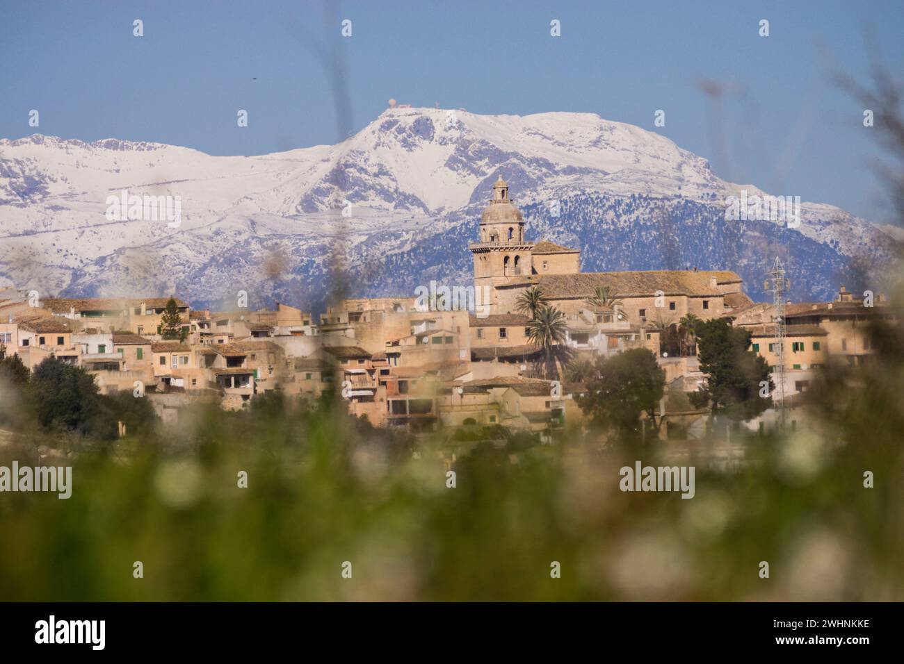 Montuiri and Tramuntana mountains with snow Stock Photo
