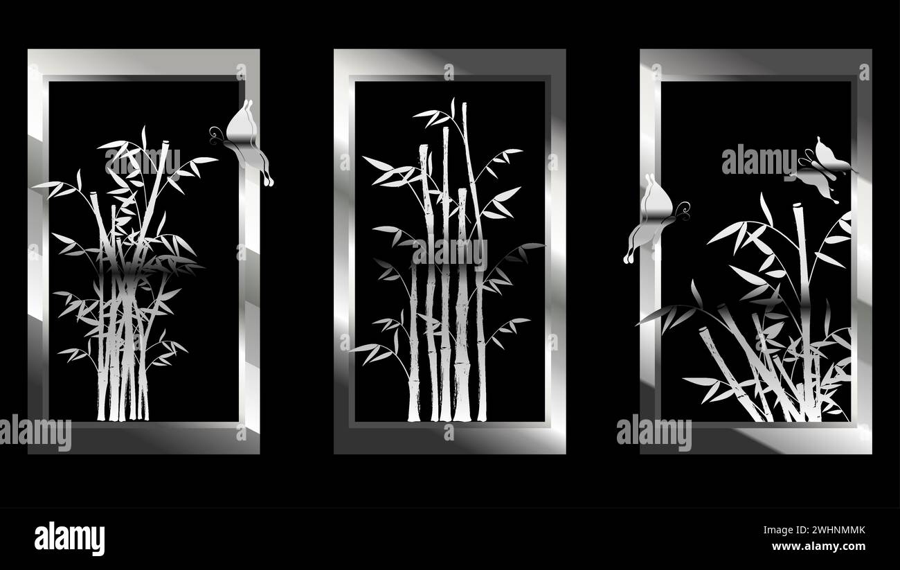 shiny silver chrome asian bamboo background postal card in vector format Stock Vector