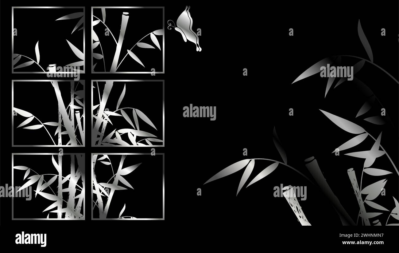 shiny silver chrome asian bamboo background postal card in vector format Stock Vector