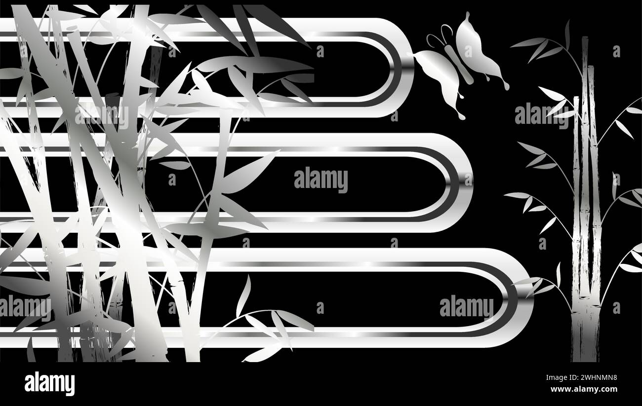 shiny silver chrome asian bamboo background postal card in vector format Stock Vector
