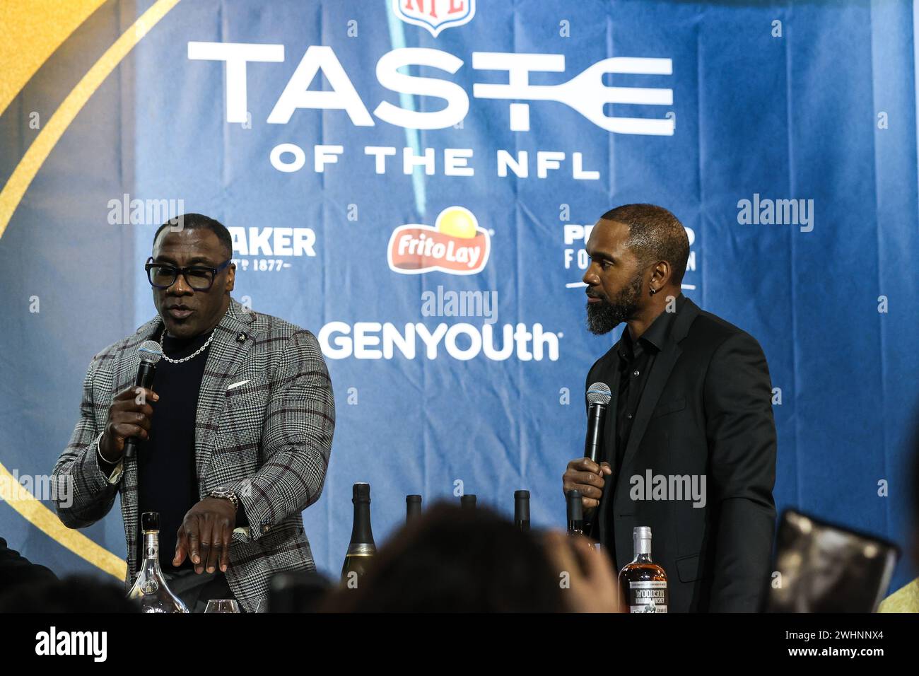 February 10, 2024: (L-R) NFL Hall of Fame members Shannon Sharpe and Charles Woodson on stage during the Taste of the NFL at the Keep Memory Alive Event Center in Las Vegas, NV. Christopher Trim/CSM. Stock Photo