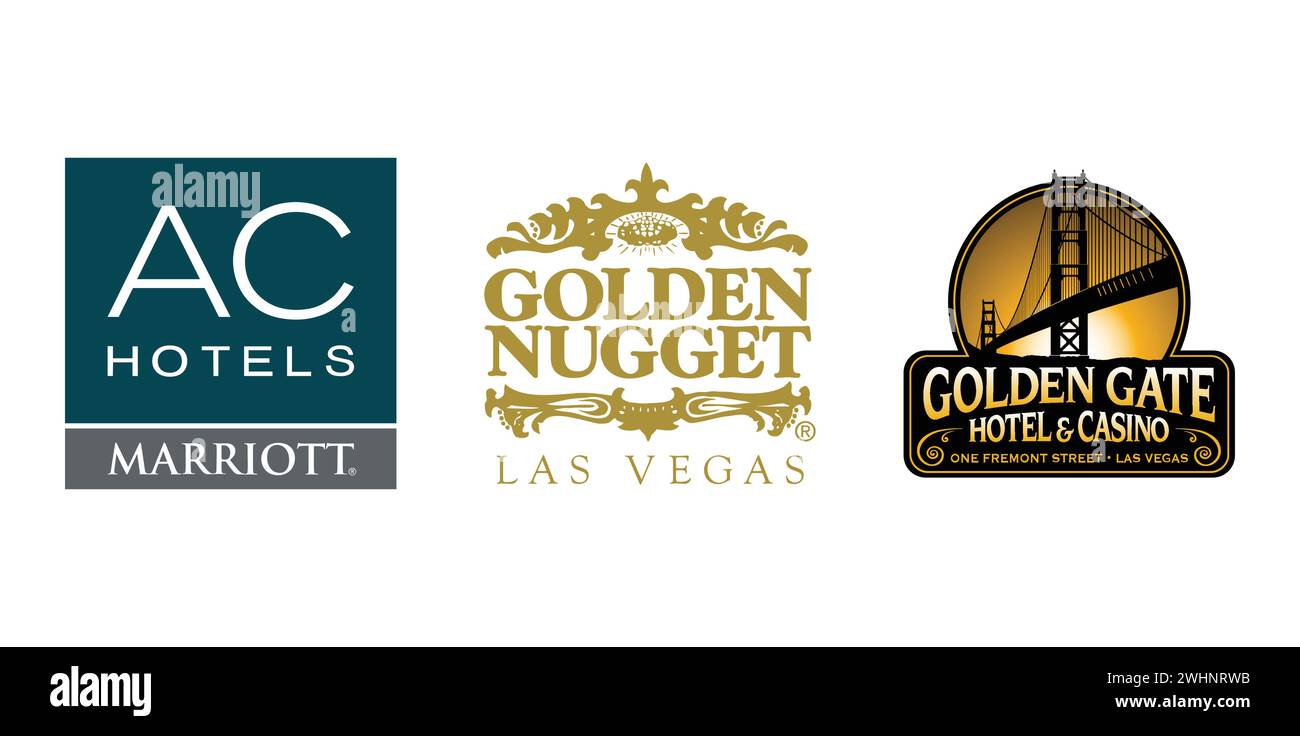 Golden Nugget Las Vegas, ACHotels, Golden Gate Hotel and Casino. Vector illustration, editorial logo. Stock Vector