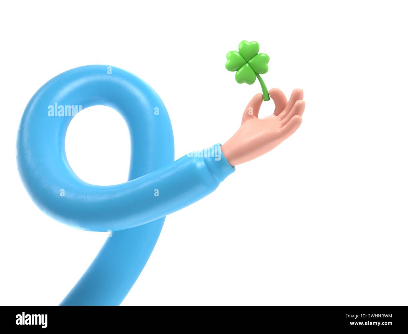 Cartoon Gesture Icon Mockup.3d icon hand holding clover leaf. Business arm with green shamrock,luck and success symbol,3D rendering on white backgroun Stock Photo