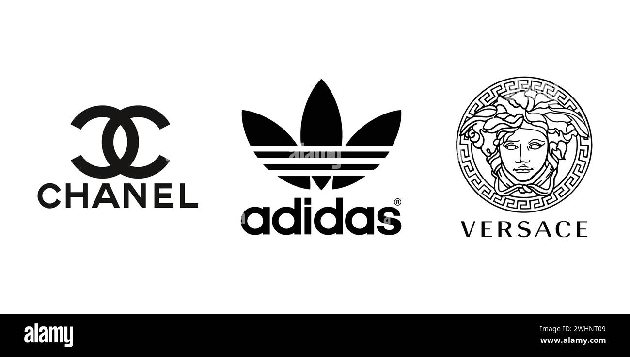 Chanel, Versace, Adidas Originals. Vector illustration, editorial logo. Stock Vector