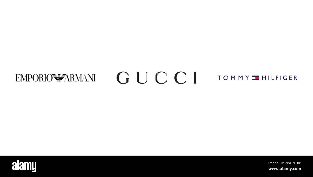 Gucci, Emporio Armani, Tommy Hilfiger. Vector illustration, editorial logo. Stock Vector