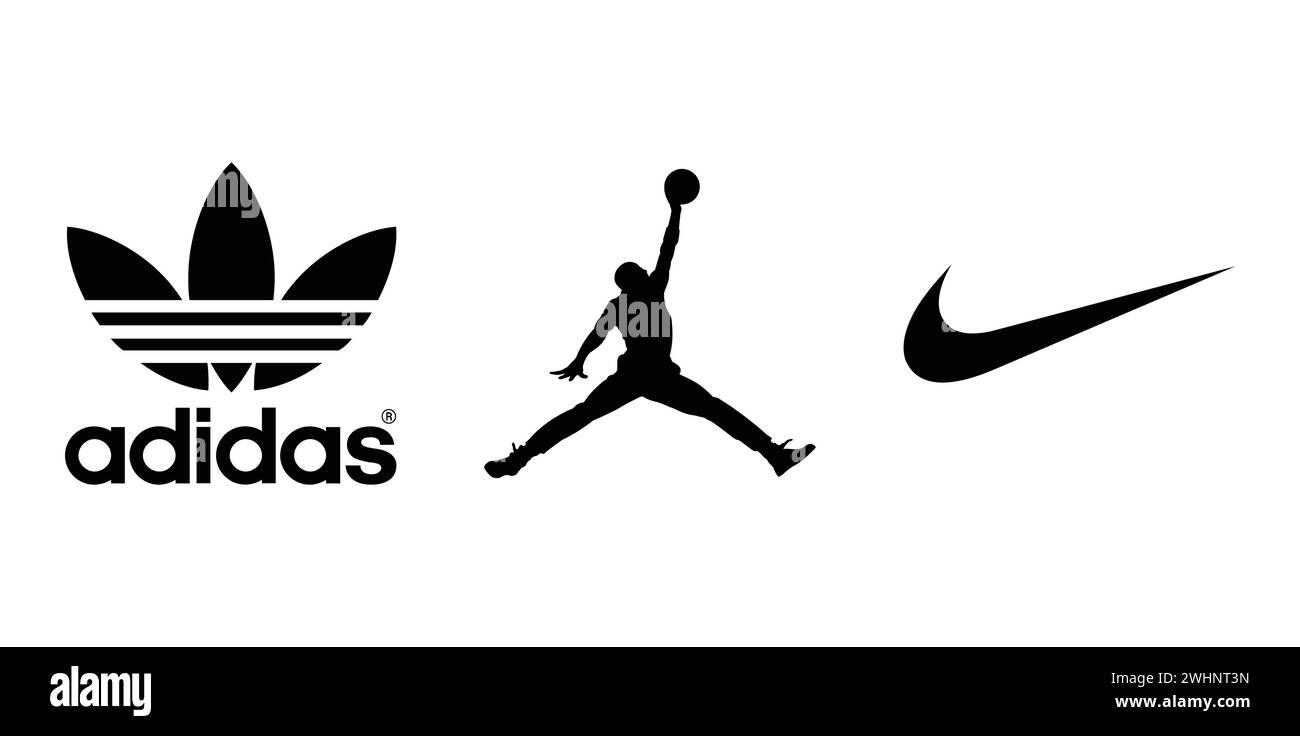 Air Jordan Jumpman,m Adidas Originals, Nike. Vector illustration, editorial logo. Stock Vector
