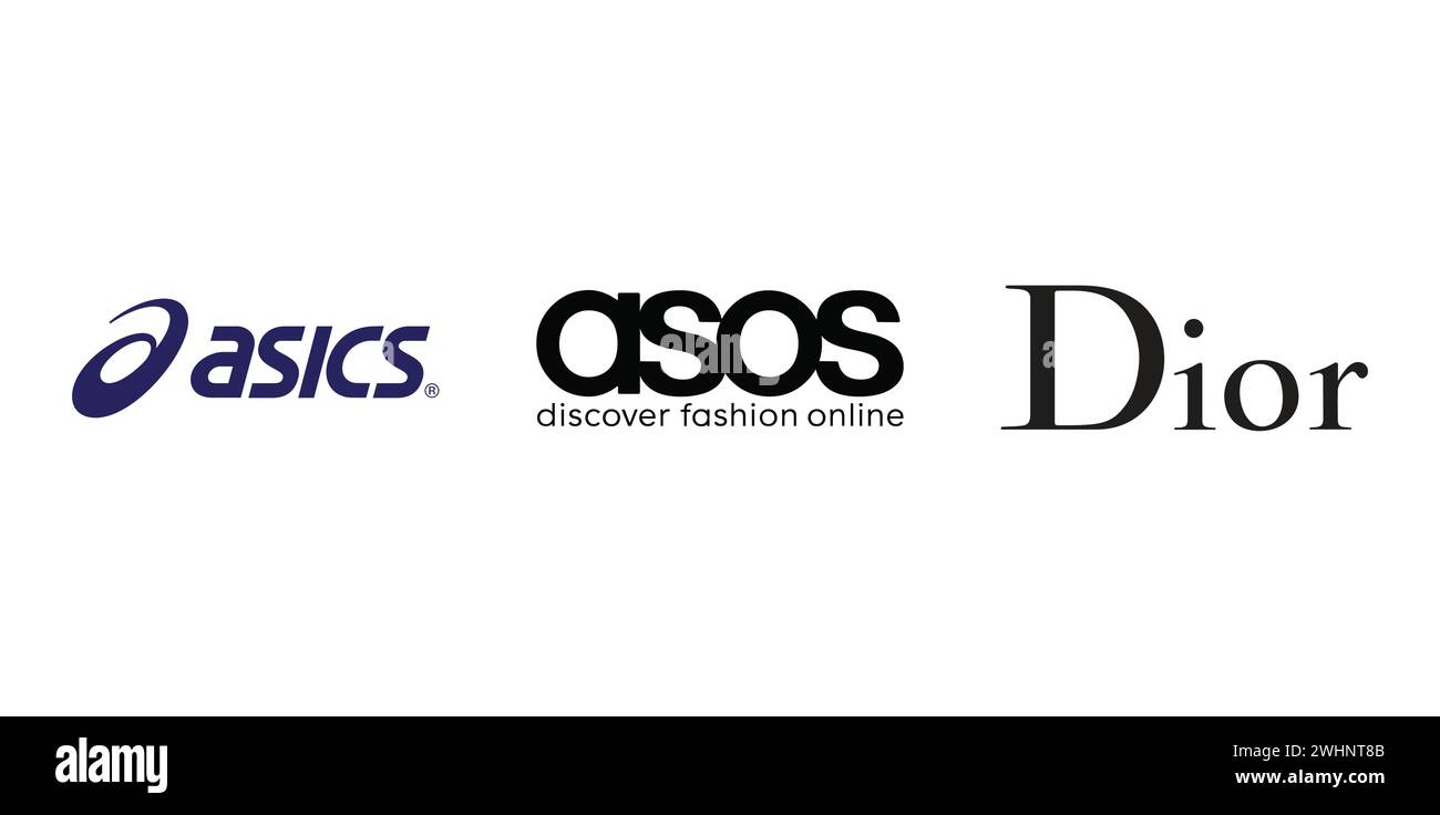 Dior, Asics, Asos. Vector illustration, editorial logo. Stock Vector