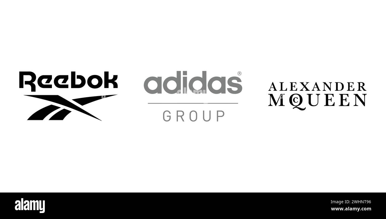 Reebokm, Adidas group, Alexander Mcqueen. Vector illustration, editorial logo. Stock Vector