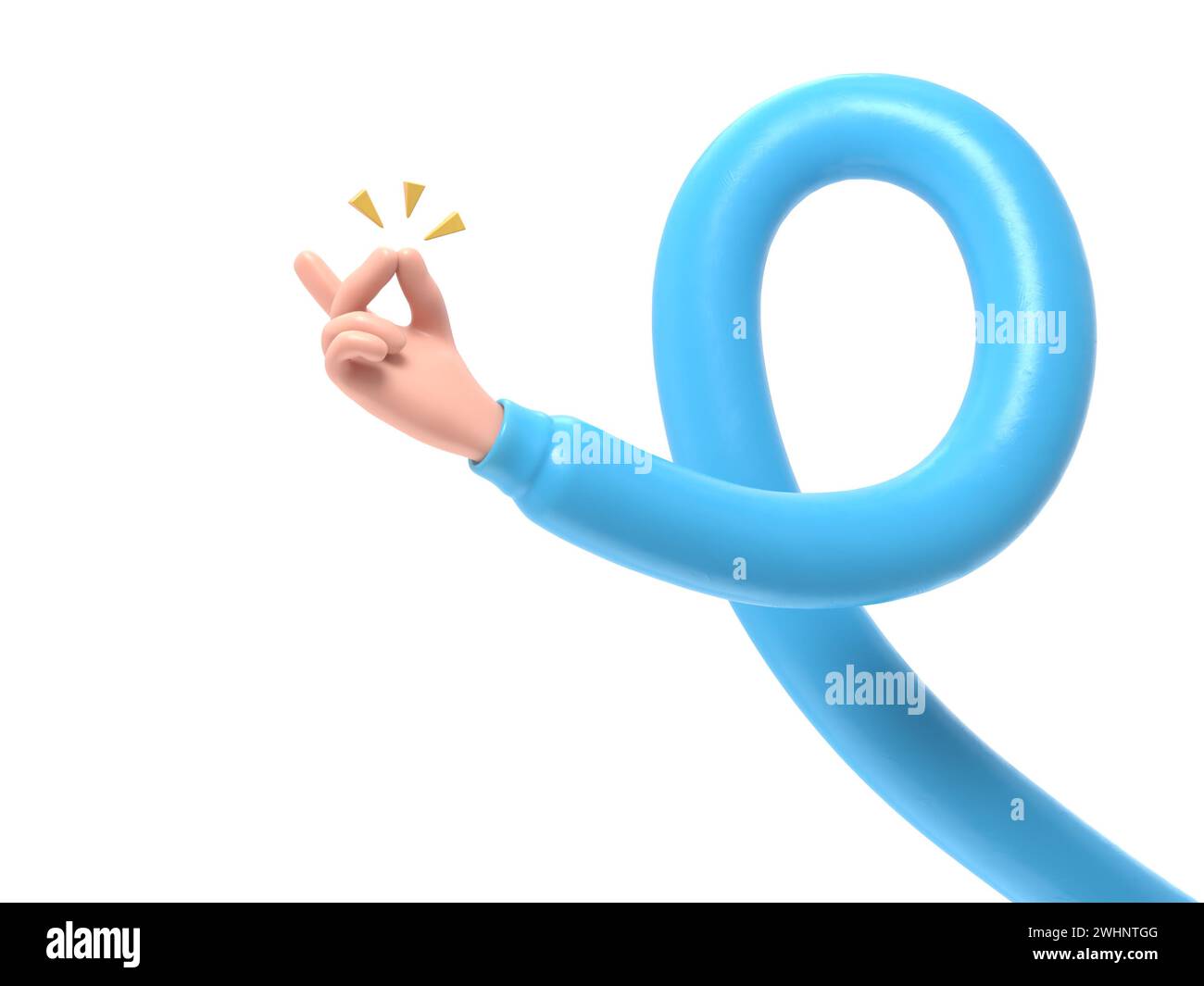 Cartoon Gesture Icon Mockup.Cartoon hand with dark blue sleeves showing snap gesture with a gold sound, light skin tone, 3D rendering on white backgro Stock Photo