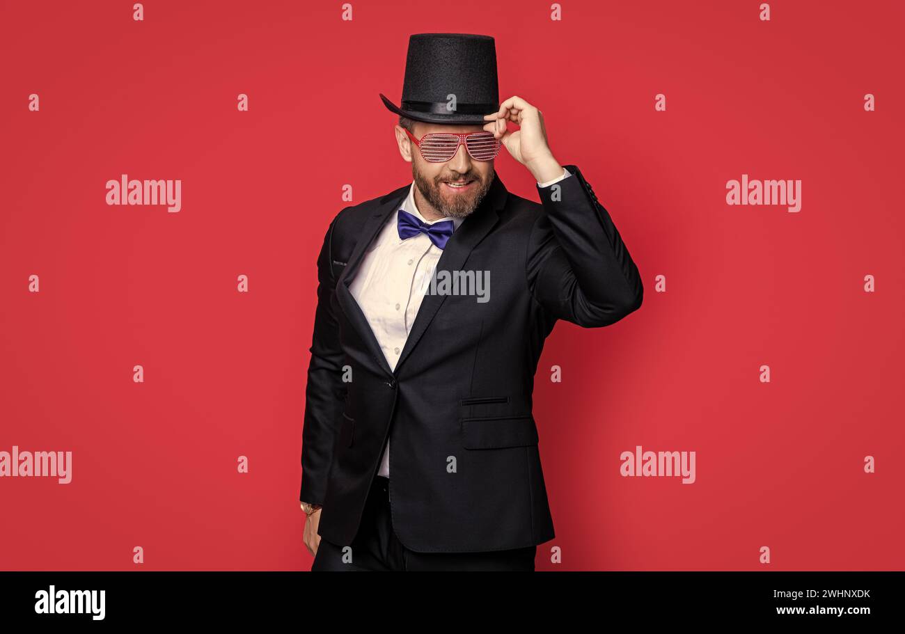 Cheerful Magician Man Wearing Cylinder Hat. Man Magician Isolated On ...