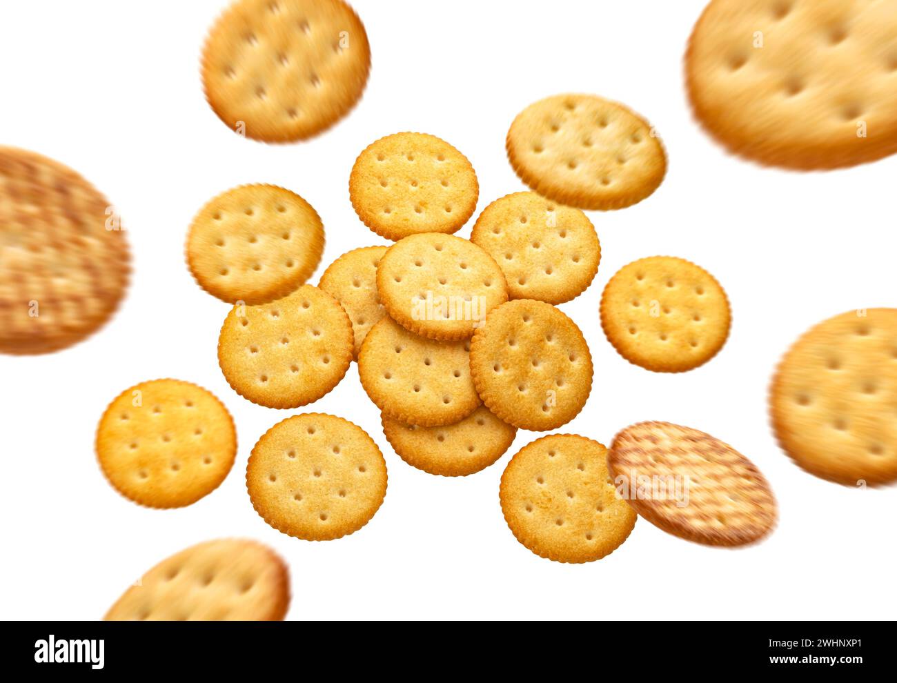 Falling round cheese crackers isolated on white background, top view Stock Photo