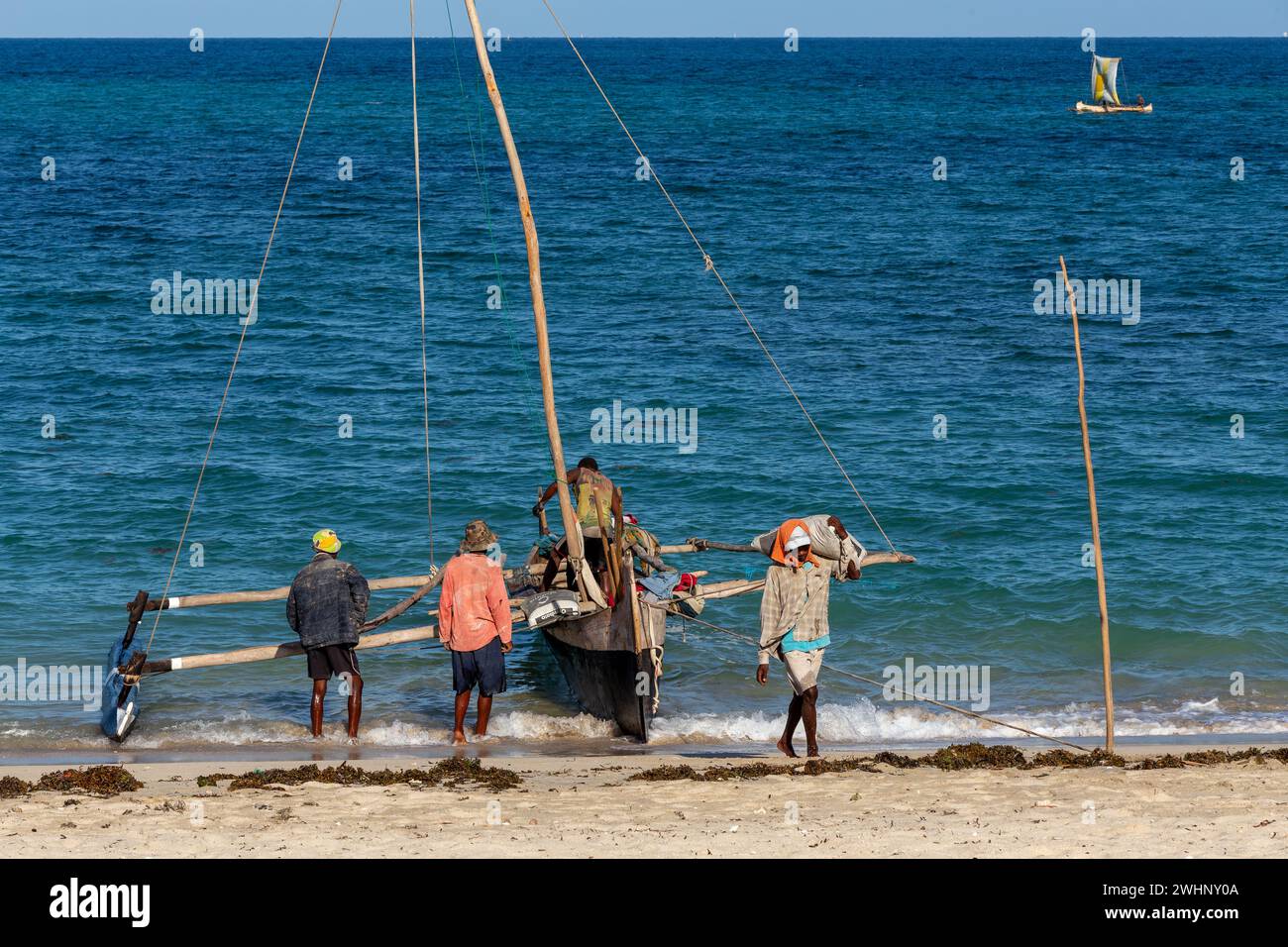 Fishermen using sailboats to fish off the coast of Anakao in Madagascar Stock Photo