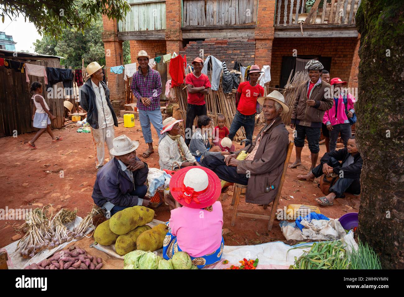 Street market in Mandoto city, with vendors and ordinary people shopping and socializing. This image portrays the local lifestyl Stock Photo