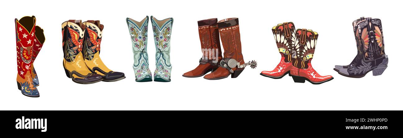 Set of different cowboy boots vector isolated. Stock Vector