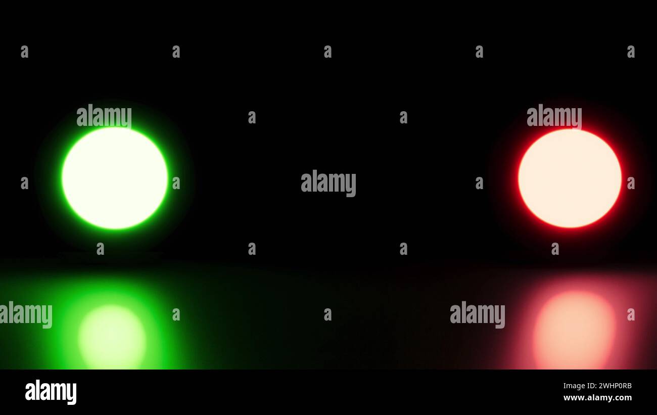 Glow spheres change color on mirror surface 3d render Stock Photo