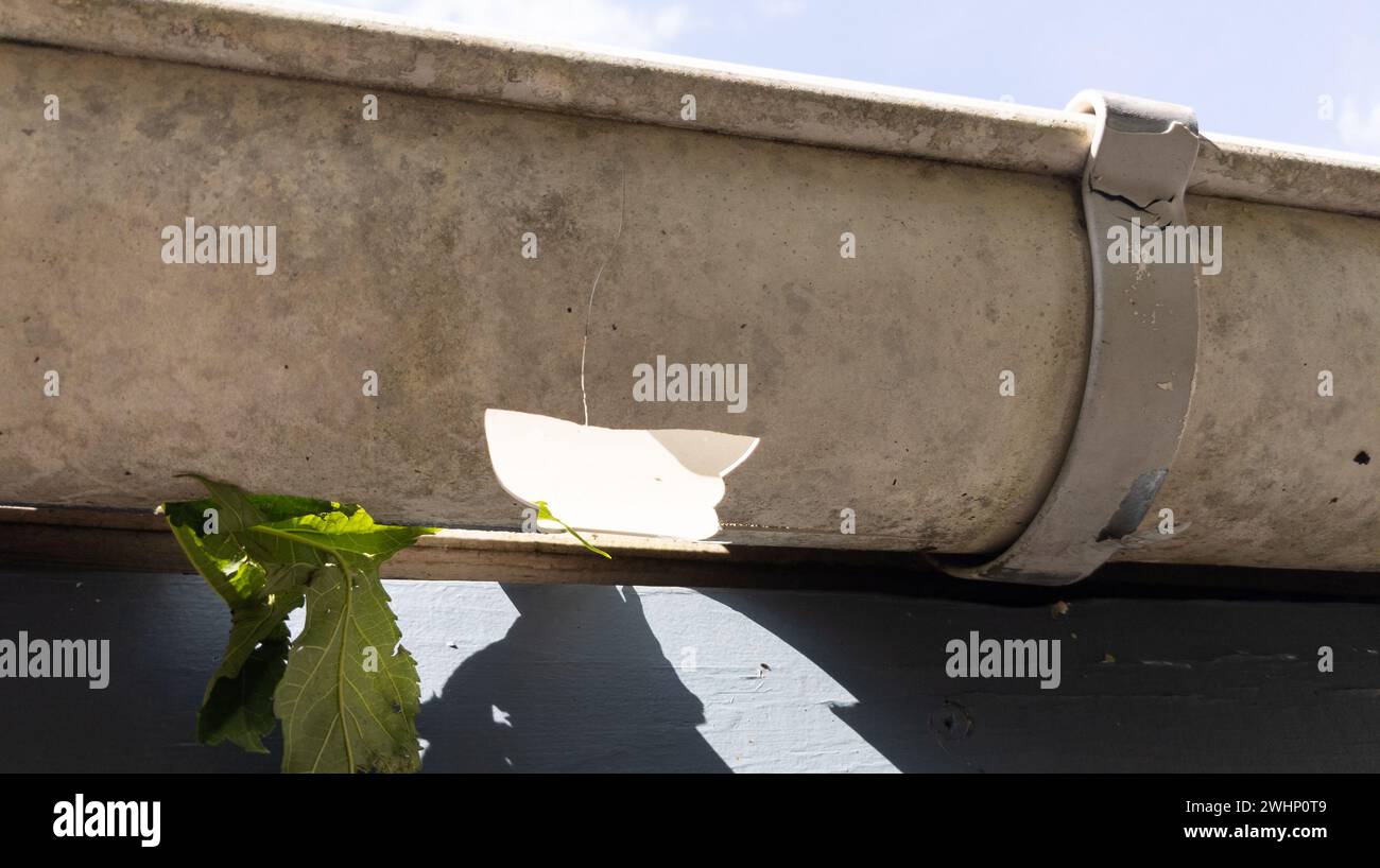 Broken roof gutter needs to repair rain gutters damage on house Stock ...