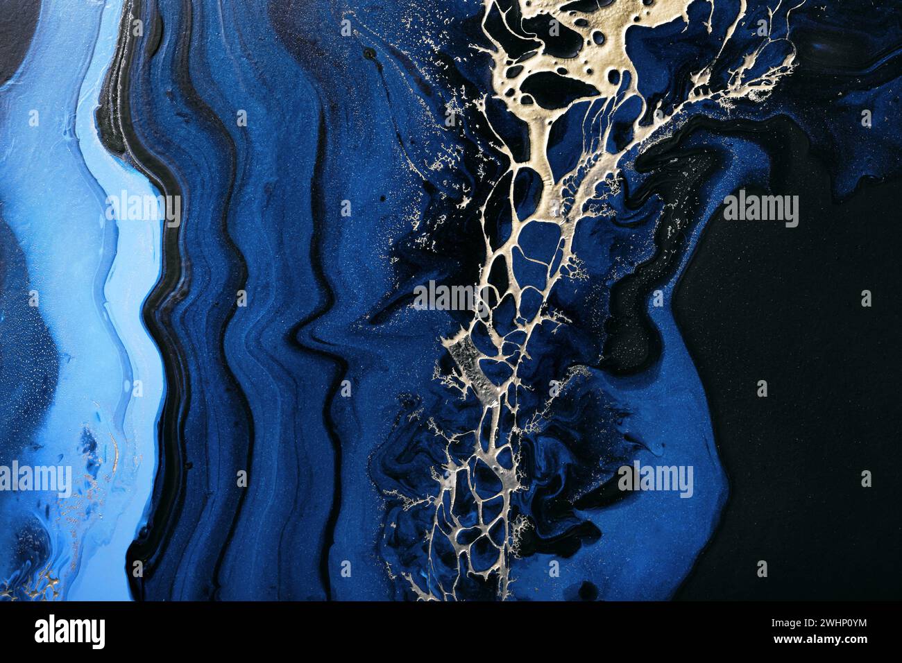 Dark blue waves in abstract ocean and golden inclusion. Liquid acrylic artwork with flow and splash. Marble effect background or Stock Photo