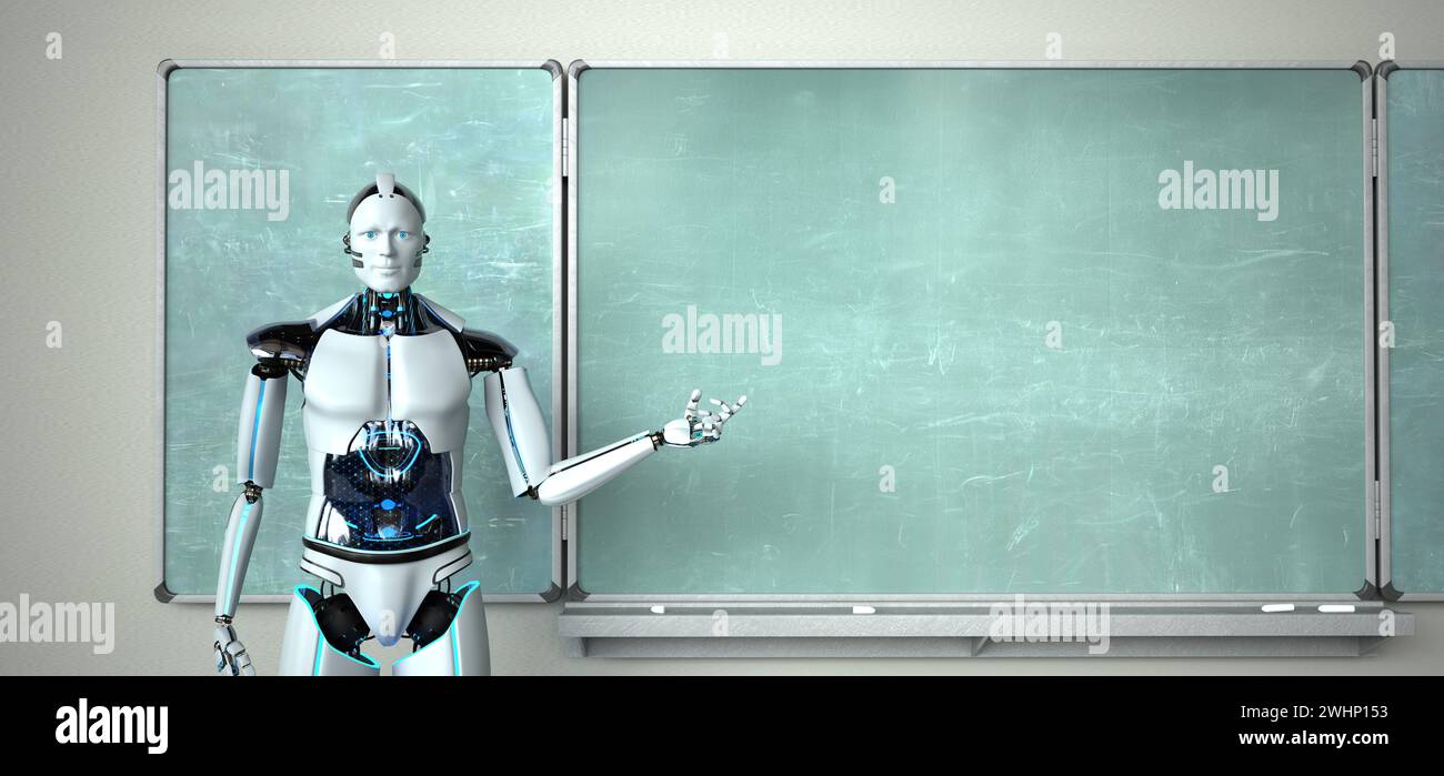 Humanoid Robot Chalkboard Teacher Stock Photo