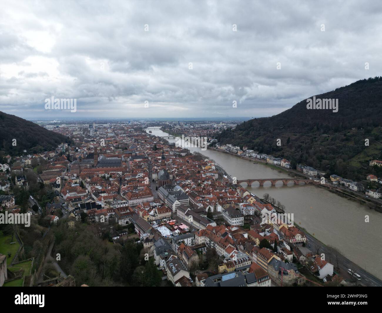 Aerial view of Heidelberg and the river running through taken by a drone. Stock Photo