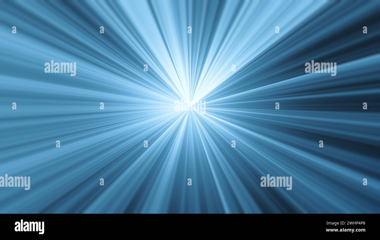 Light blue and blue starburst effect or light trails moving to infinity. Abstract high resolution full frame technology background. Stock Photo