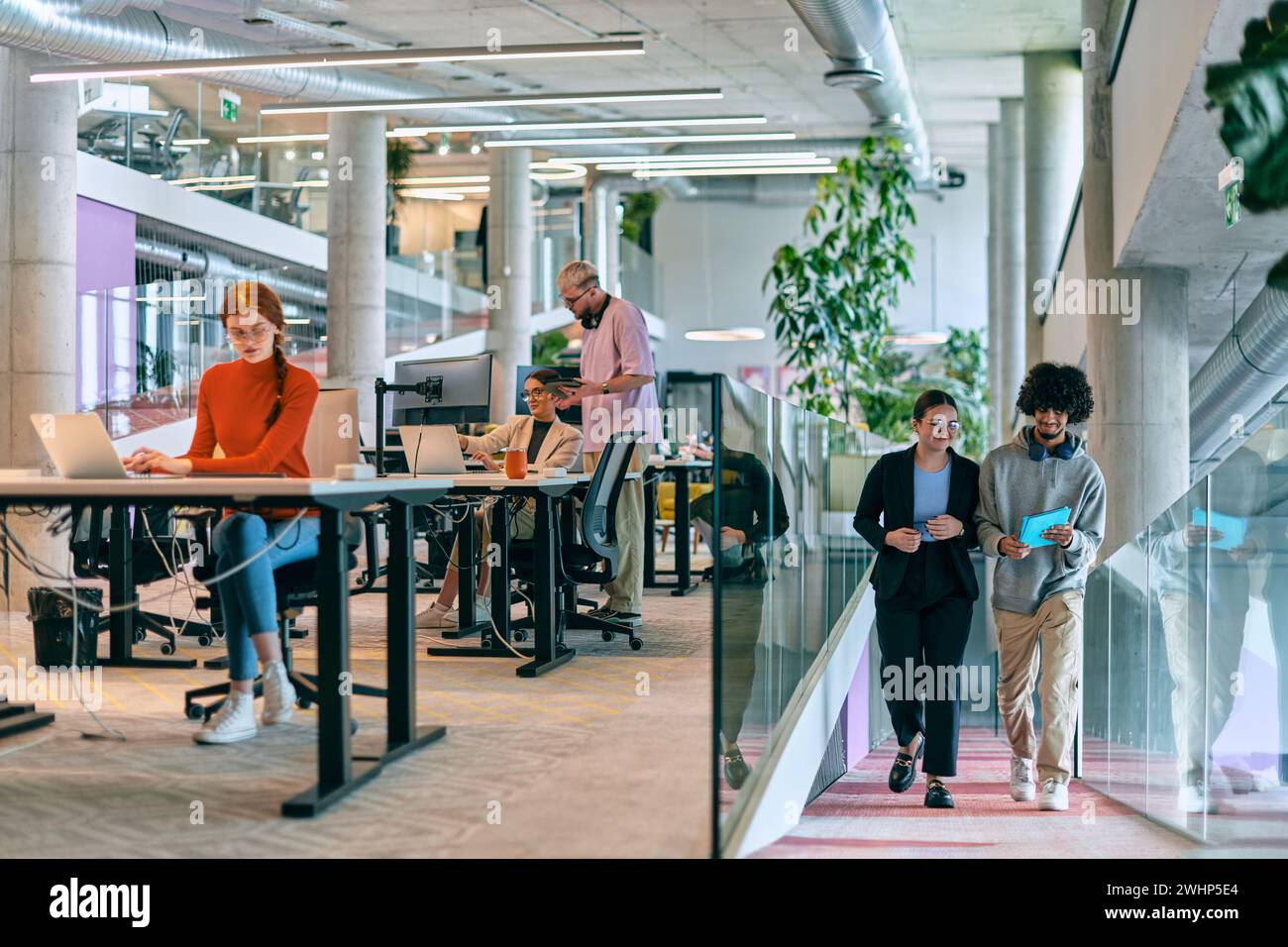 In a modern startup office, a diverse group of young professionals ...