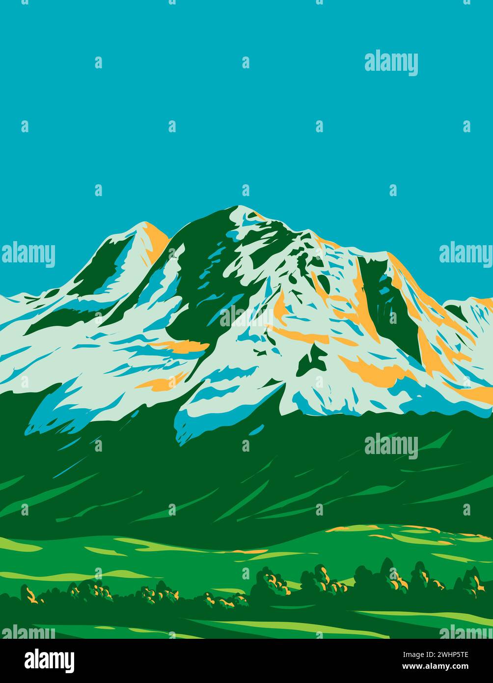 Cordillera Blanca with Huandoy Huascaran and Chopicalqui in Peru WPA Art Deco Poster Stock Photo