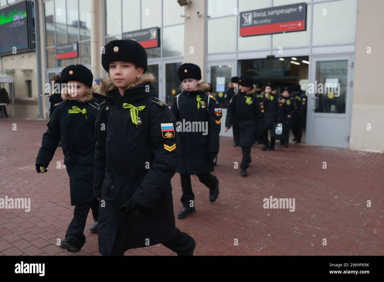Saint Petersburg, Russia. 07th Feb, 2024. Sea cadets seen at the platform of Finlyandsky railway station. (Photo by Sergei Mikhailichenko/SOPA Images/Sipa USA) Credit: Sipa USA/Alamy Live News Stock Photo