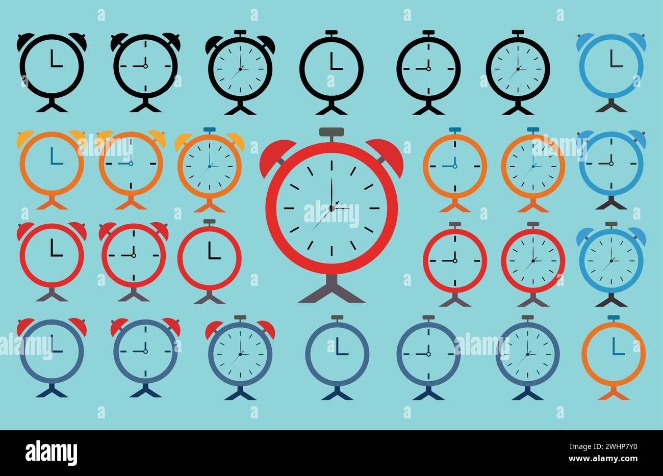 Alarm clock icon set, flat vector illustration. Stock Vector