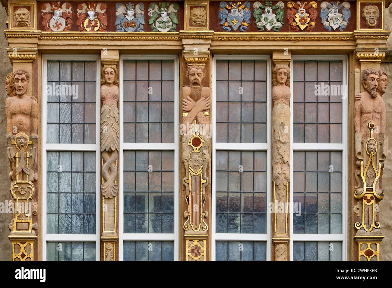 Renaissance bay window, detail on the temple house, Hildesheim, Germany ...