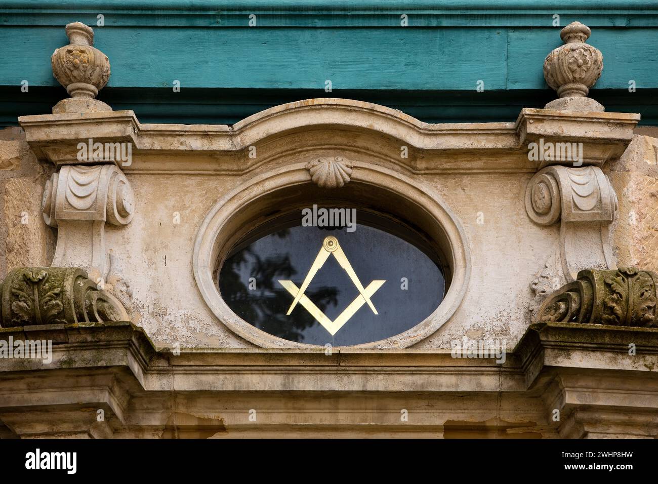 Detailed view with compass and square, lodge house of the Freemasons Hildesheim, Germany, Europe Stock Photo